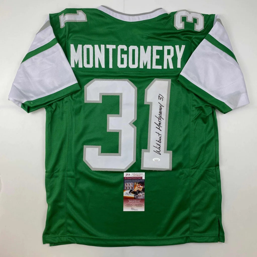 Autographed Wilbert Montgomery Philadelphia Green Football Jersey JSA COA | Hall of Fame Sports Memorabilia | vintageantiquesgifts.com