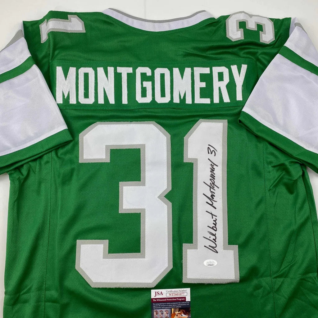 Autographed Wilbert Montgomery Philadelphia Green Football Jersey JSA COA | Certified Authentic Signed Memorabilia | vintageantiquesgifts.com