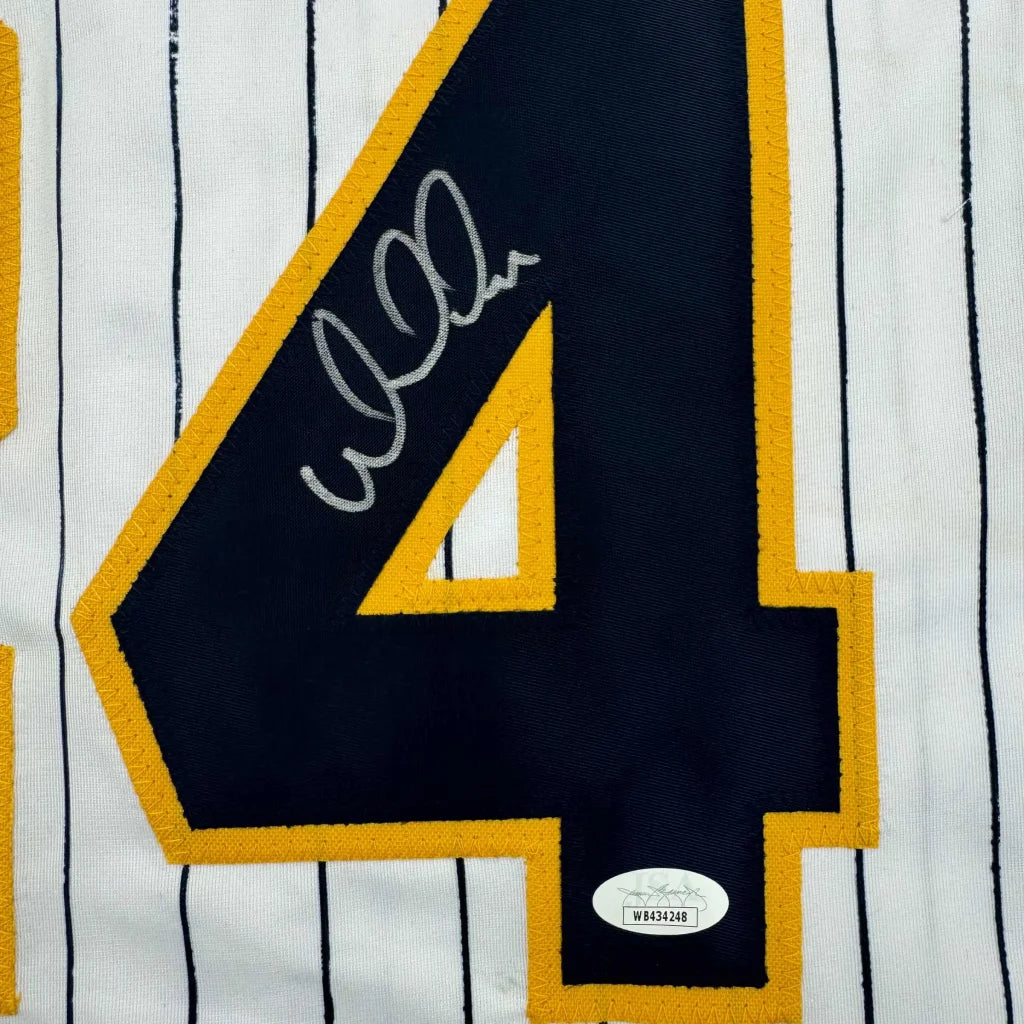 Autographed William Contreras custom jersey with navy blue number 4, yellow border, JSA COA on Milwaukee pinstripe baseball jersey
