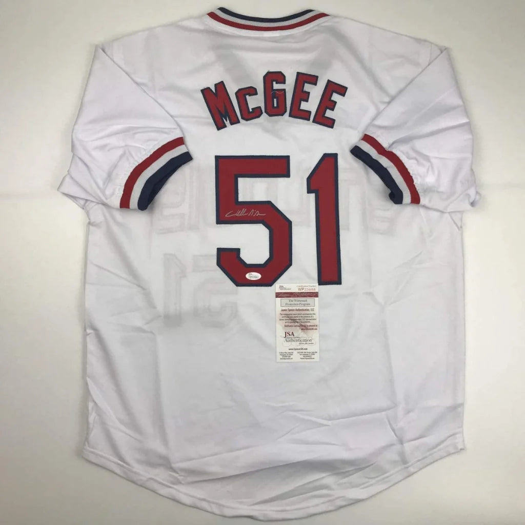 Autographed Willie McGee St. Louis White Baseball Jersey JSA COA | Hall of Fame Sports Memorabilia | vintageantiquesgifts.com