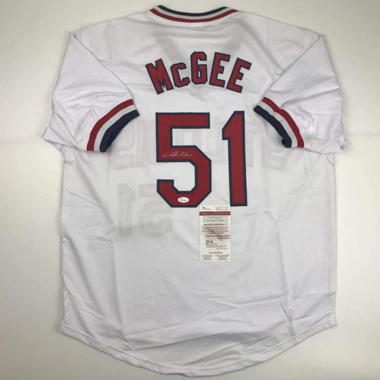 Autographed Willie McGee St. Louis White Baseball Jersey JSA COA | Hall of Fame Sports Memorabilia | vintageantiquesgifts.com