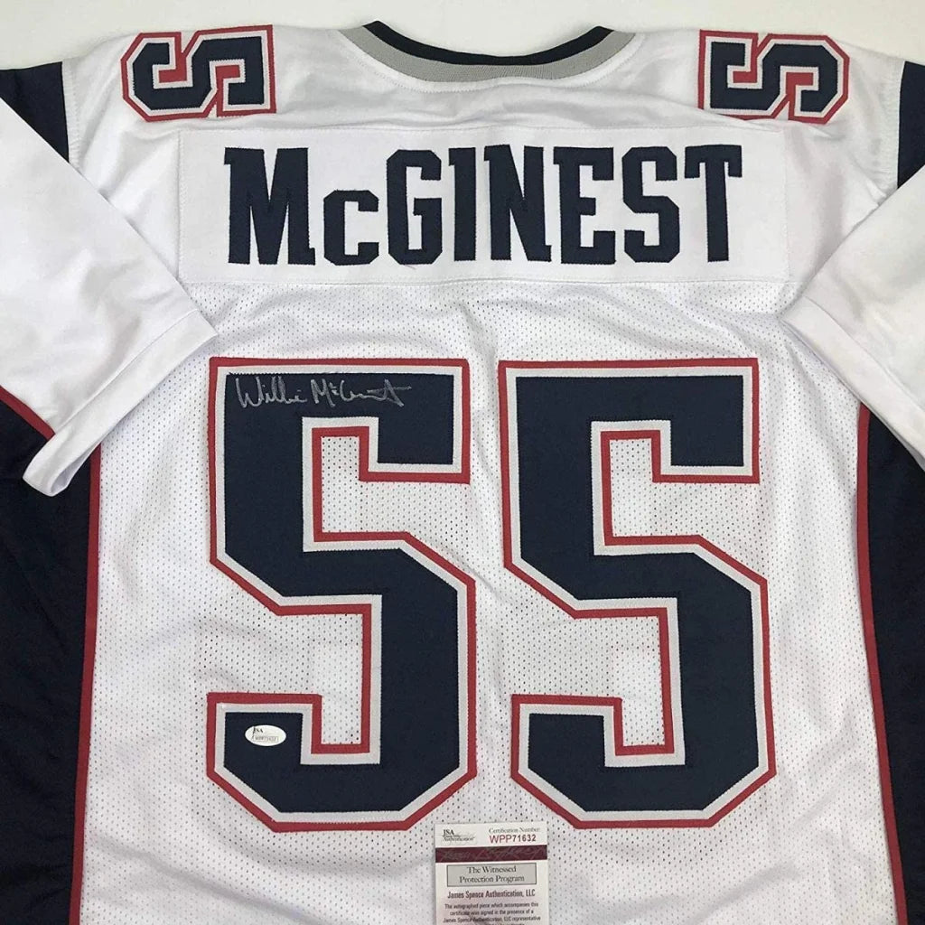 White Willie McGinest signed jersey with professional sports league logo and #55