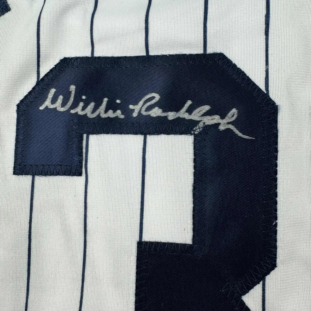 Autographed Willie Mays navy blue custom jersey with embroidered number nine, professional sports pinstripe fabric, Beckett BAS COA