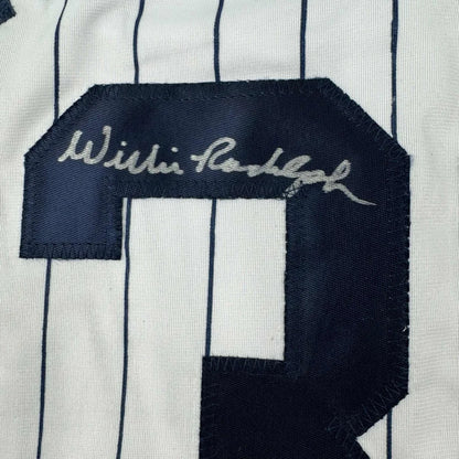 Autographed Willie Mays navy blue custom jersey with embroidered number nine, professional sports pinstripe fabric, Beckett BAS COA