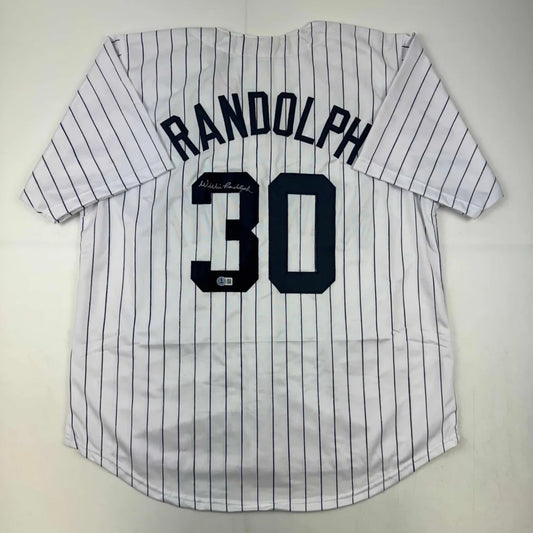 White baseball jersey with black pinstripes and number 30 from the Custom Jersey Collection