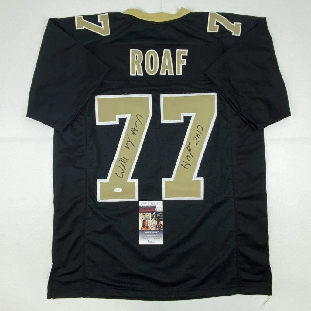 Back of autographed Willie Roaf HOF 2012 custom black New Orleans jersey, number 77