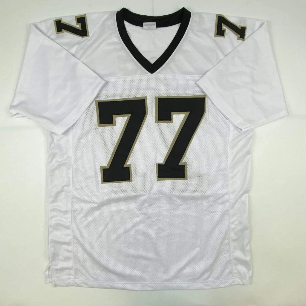 White and black Willie Roaf HOF Orleans white jersey with number 77 and JSA COA