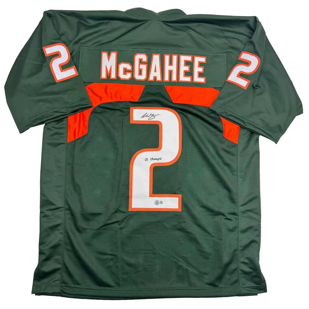 Back of autographed Willis McGahee custom Miami Hurricanes green jersey number 2