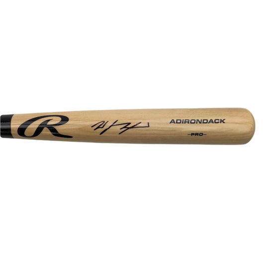 Autographed Wyatt Langford Adirondack Pro baseball bat with black logo