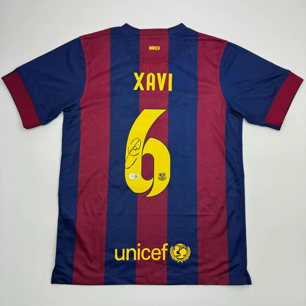 Blue and red striped FC Barcelona Xavi #6 jersey with signature and third party authentication