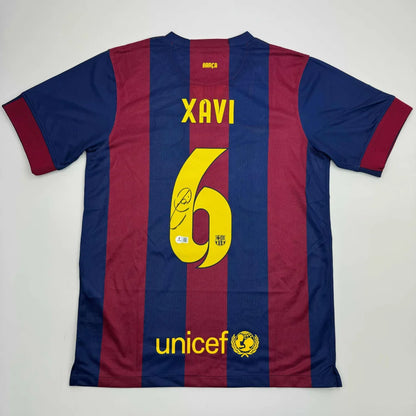Blue and red striped FC Barcelona Xavi #6 jersey with signature and third party authentication