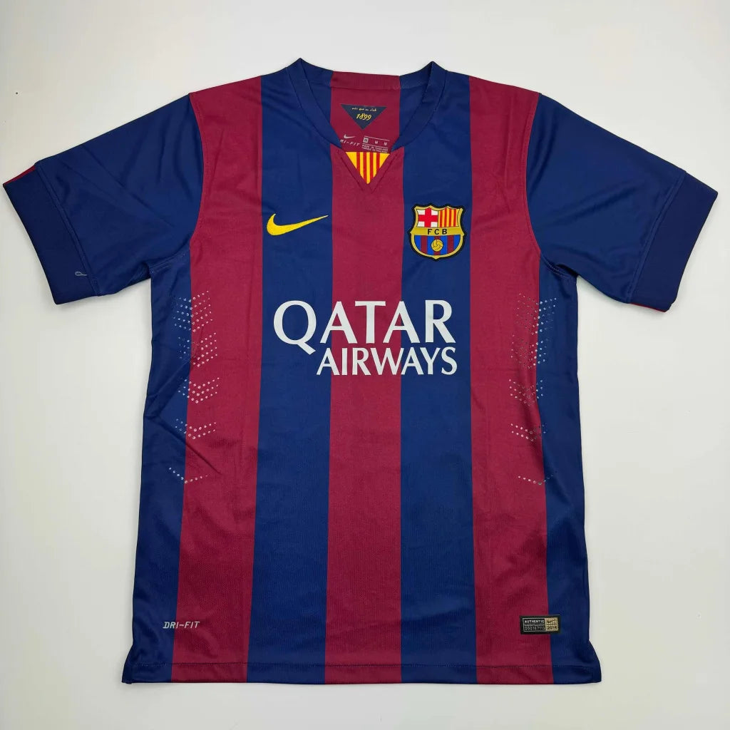 Barcelona home jersey with blue and red stripes featuring third party authentication for authenticity