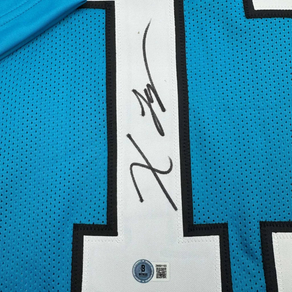 Autographed Xavier Legette Carolina blue custom mesh football jersey with bold number 1 for professional sports league fans