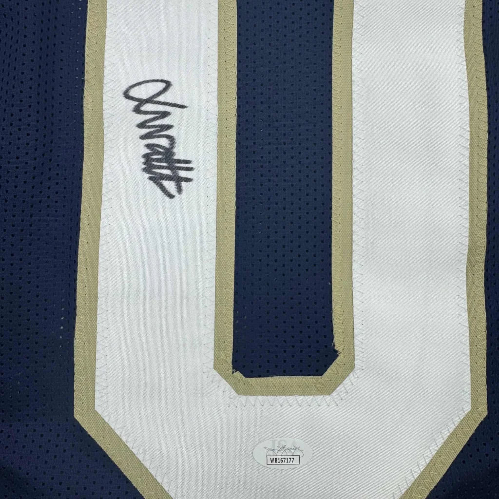 Autographed navy blue and white xavier watts custom jersey with gold trim from professional sports league, jsa coa