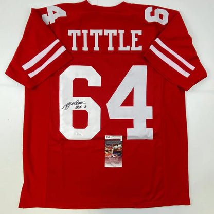 Red custom jersey signed by NFL legend Y A Tittle from professional sports league