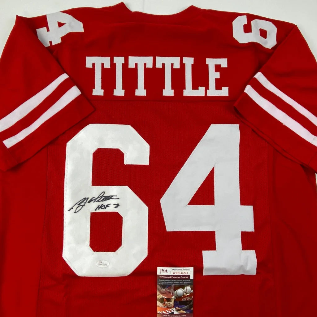 Red custom jersey signed by NFL Legend Y.A. Tittle from professional sports league