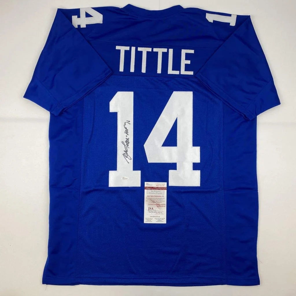 Autographed blue custom jersey with number 14, no professional sports league logos