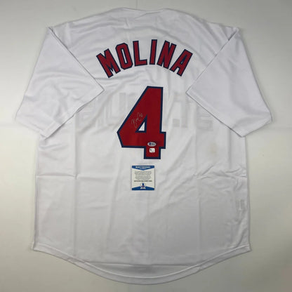 Autographed Yadier Molina St. Louis White Baseball Jersey Beckett BAS COA | Hall of Fame Sports Memorabilia | vintageantiquesgifts.com