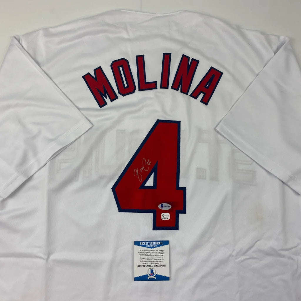 Autographed Yadier Molina St. Louis White Baseball Jersey Beckett BAS COA | Certified Authentic Signed Memorabilia | vintageantiquesgifts.com