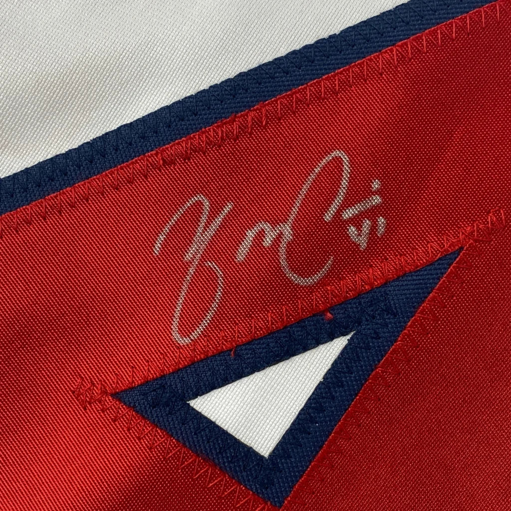 Red and white fabric with handwritten signature on authentic Molina custom jersey from Professional Sports League