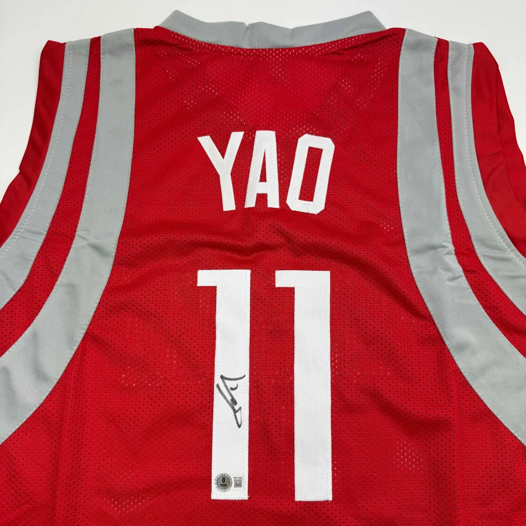 Autographed Yao Ming Houston Red Basketball Jersey Beckett BAS COA | Certified Authentic Signed Memorabilia | vintageantiquesgifts.com