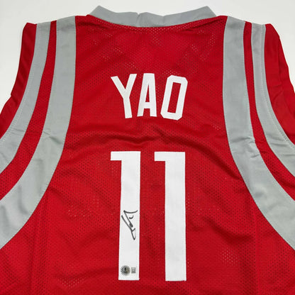 Autographed Yao Ming Houston Red Basketball Jersey Beckett BAS COA | Certified Authentic Signed Memorabilia | vintageantiquesgifts.com