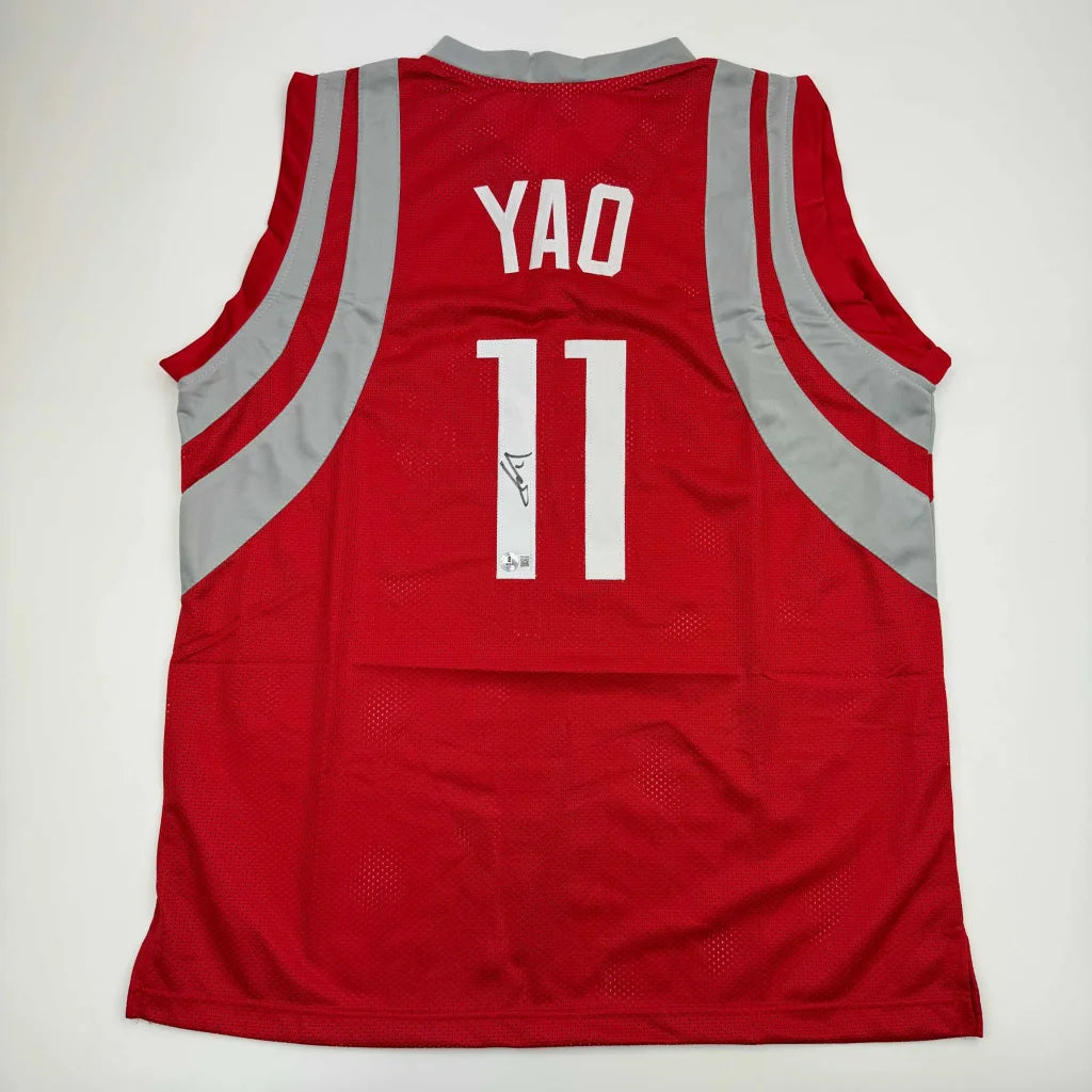Autographed Yao Ming Houston Red Basketball Jersey Beckett BAS COA | Hall of Fame Sports Memorabilia | vintageantiquesgifts.com