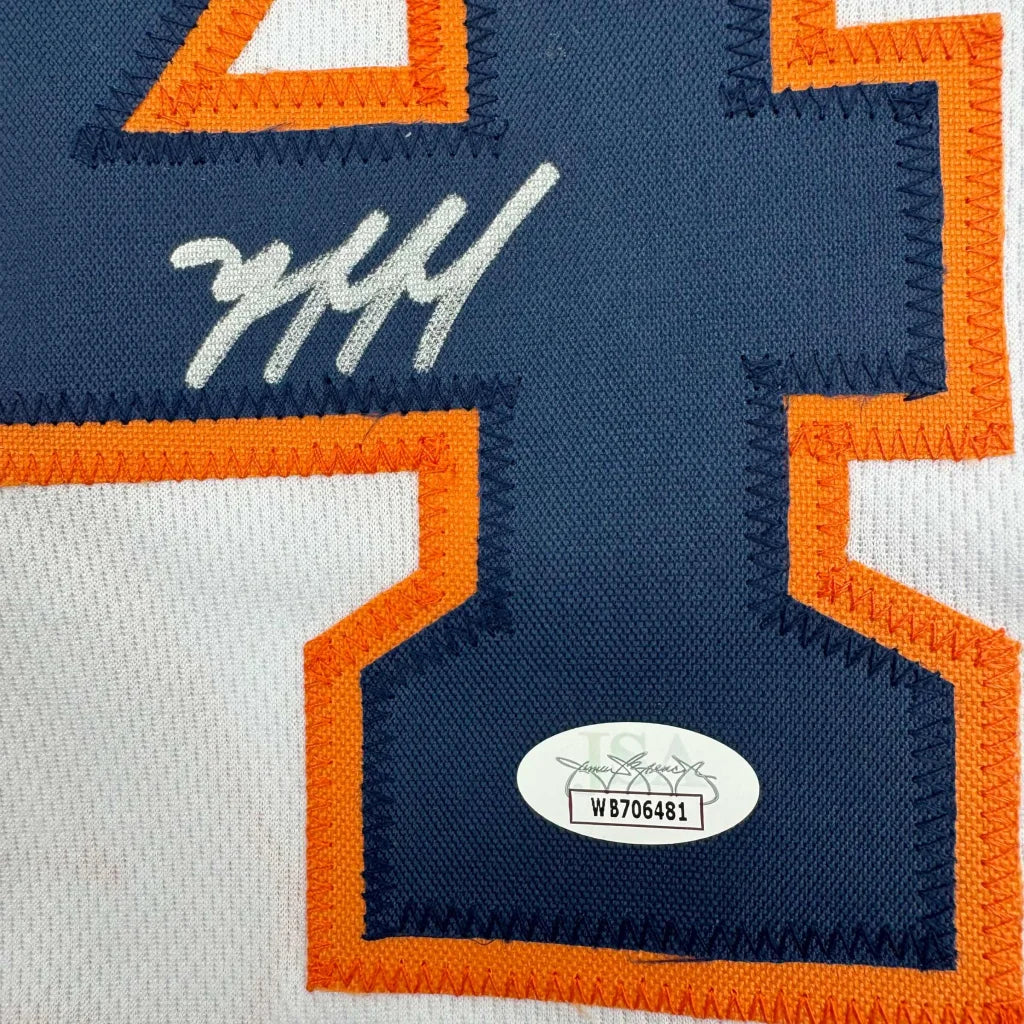 Autographed Yordan Alvarez Houston Astros custom jersey with navy blue and orange embroidered number 4, JSA COA, professional sports league