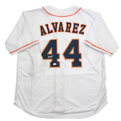 Autographed Yordan Alvarez Houston white custom jersey with navy and orange lettering, number 44, JSA COA