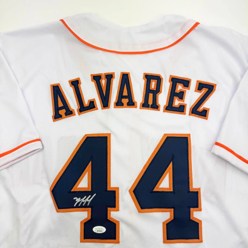 Autographed Yordan Alvarez custom jersey, Houston white with navy and orange, JSA COA