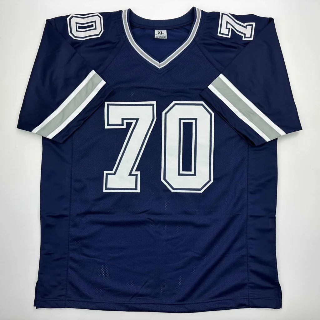 Navy blue custom jersey with white gray stripes and number 70 for professional sports league