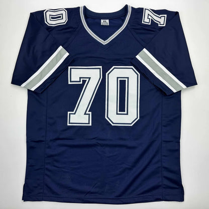 Navy blue custom jersey with white gray stripes and number 70 for professional sports league