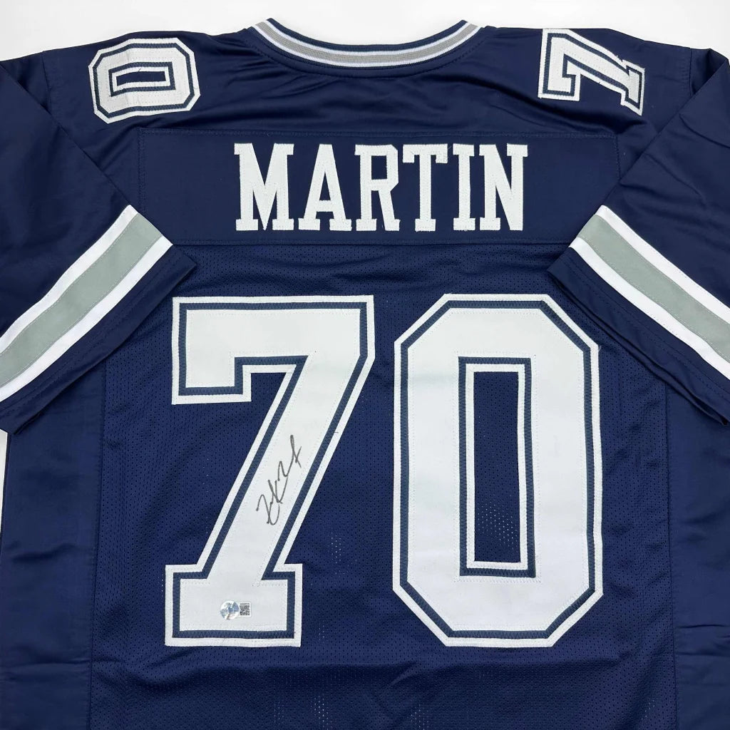 Autographed Zack Martin Dallas Cowboys custom jersey, navy blue with white silver trim, number 70, Beckett COA