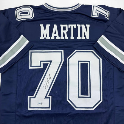 Autographed Zack Martin Dallas Cowboys custom jersey, navy blue with white silver trim, number 70, Beckett COA