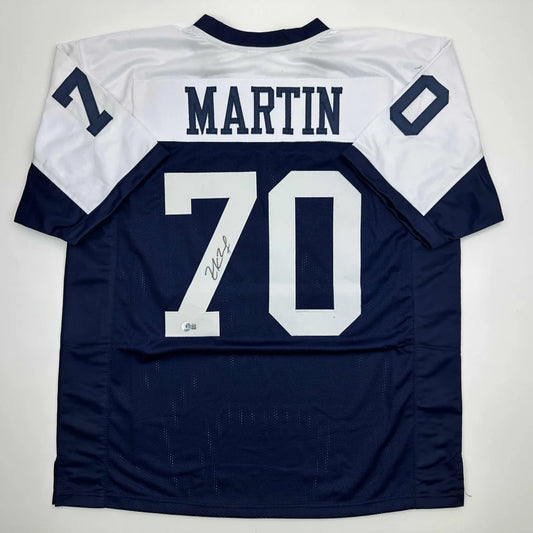 Autographed navy blue and white custom jersey with MARTIN 70 for Dallas Cowboys sports league