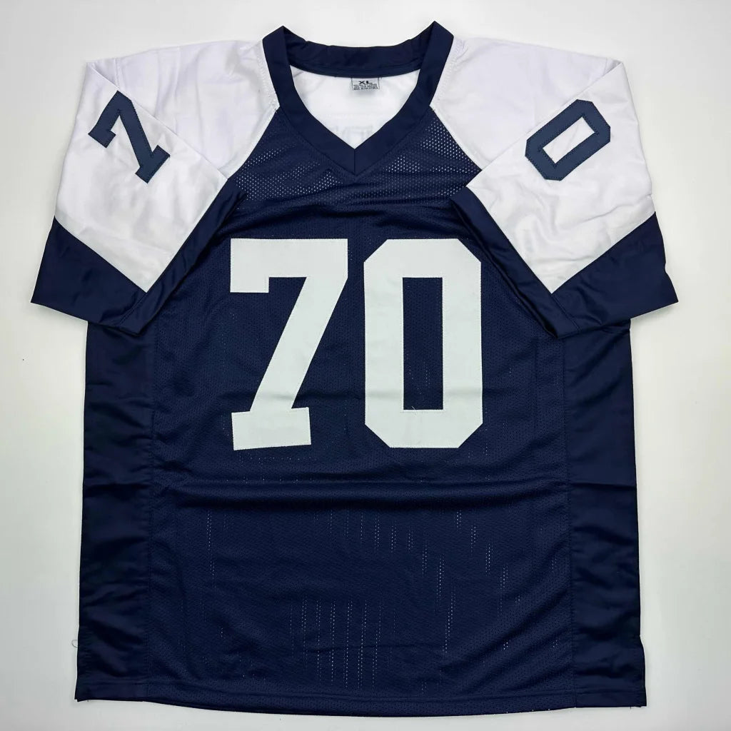 Navy blue and white custom jersey with number 70 for Dallas Cowboys sports league