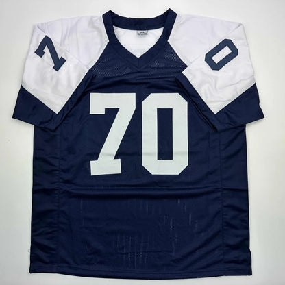 Navy blue and white custom jersey with number 70 for Dallas Cowboys sports league