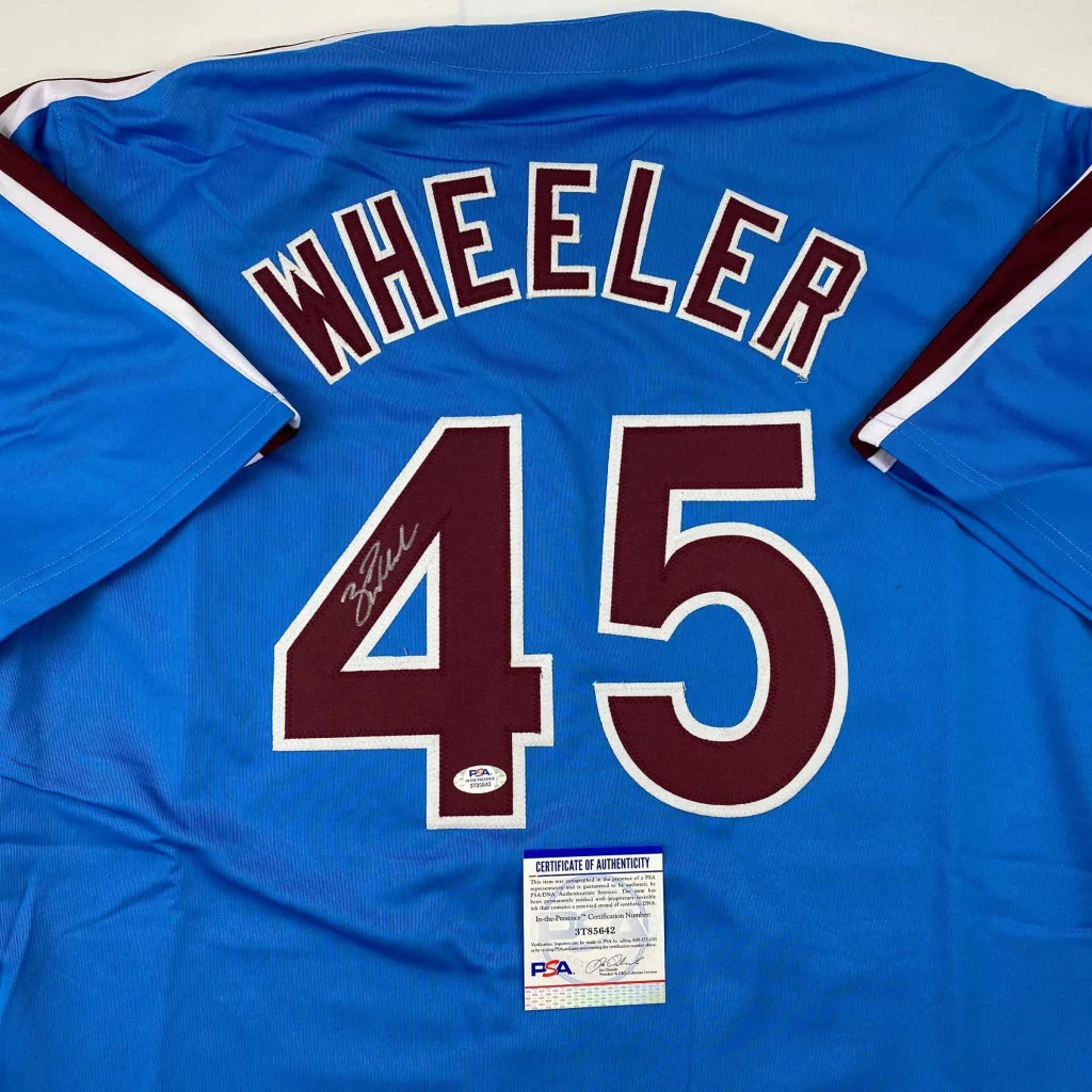 Autographed Zack Wheeler Philadelphia Phillies blue retro jersey, number 45