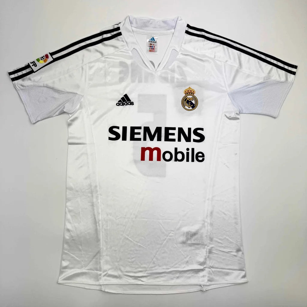 White Real Madrid custom jersey with black shoulder stripes and Siemens mobile sponsor for professional sports fans