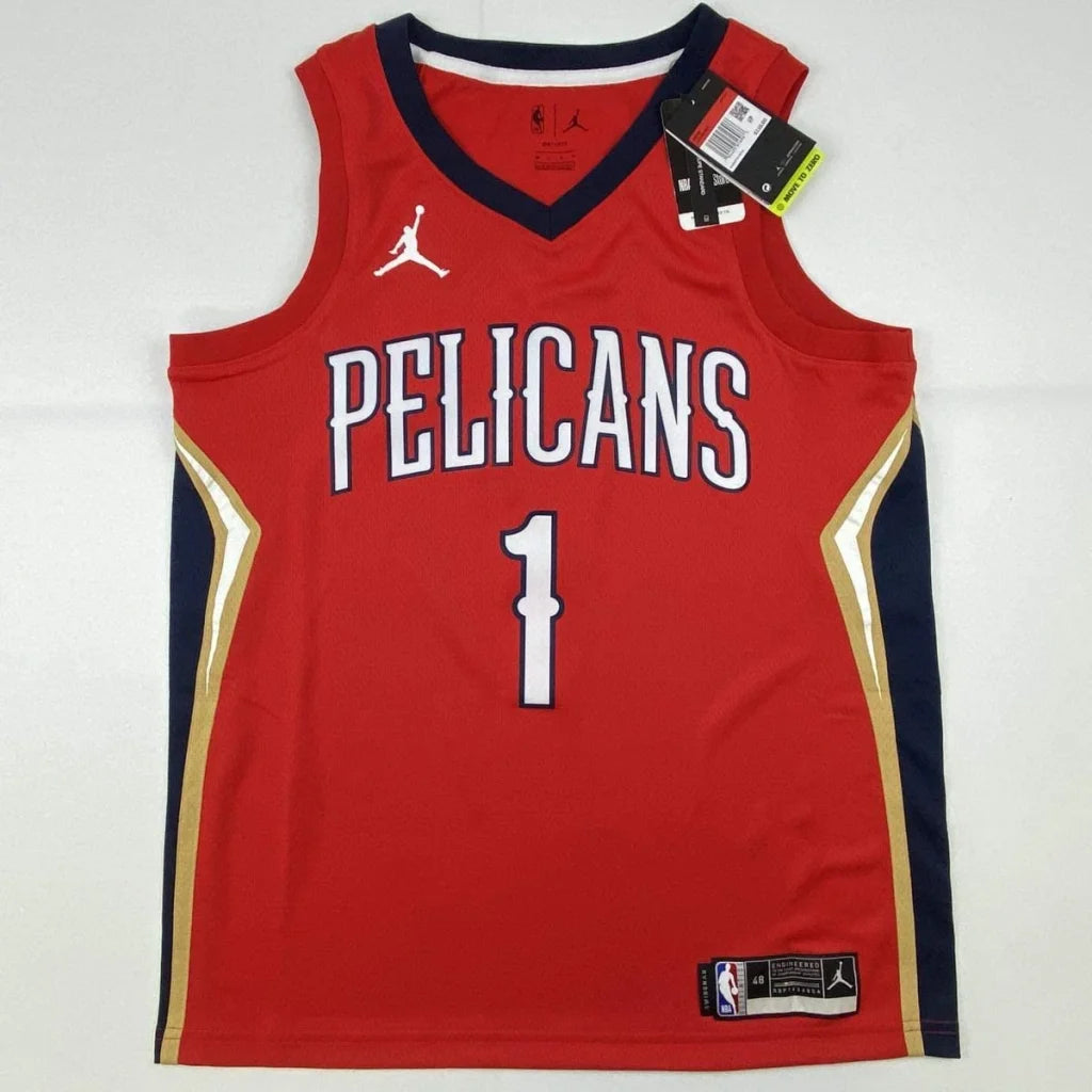 Zion Williamson Orleans Pelicans red jersey with number 1, third party authenticated