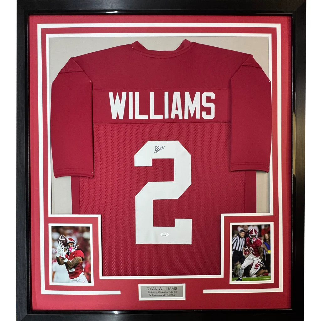 Autographed WILLIAMS Red Football Jersey with player photos and plaque for Man Cave