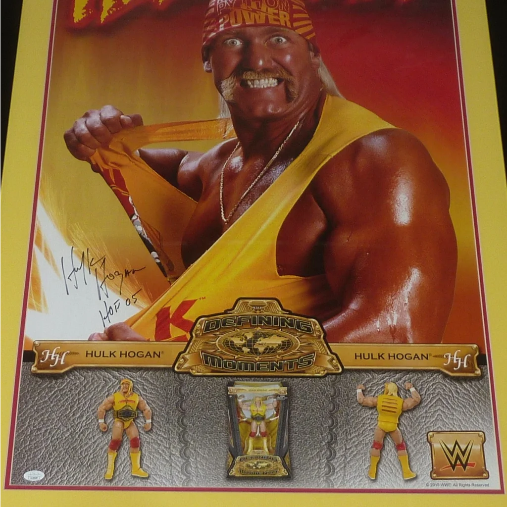 Autographed WWE Hulk Hogan action figure set in yellow red attire with gold belt