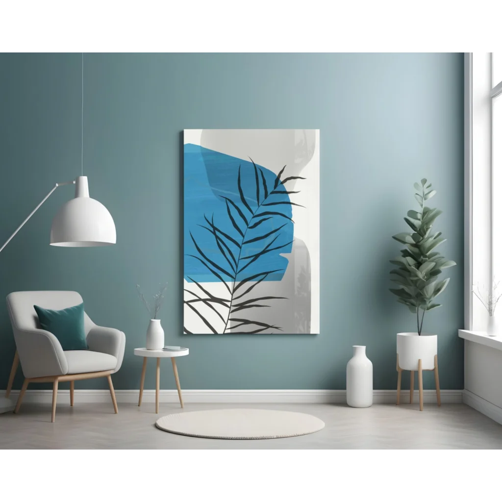Bold blue palm frond glass wall art with black silhouette geometric shapes