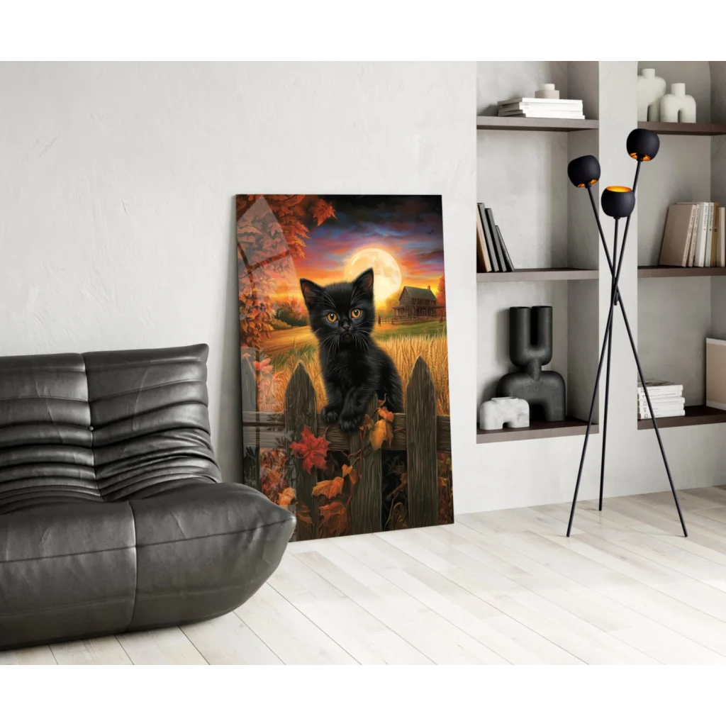 Glossy black cat glass wall art with autumnal orange purple hues