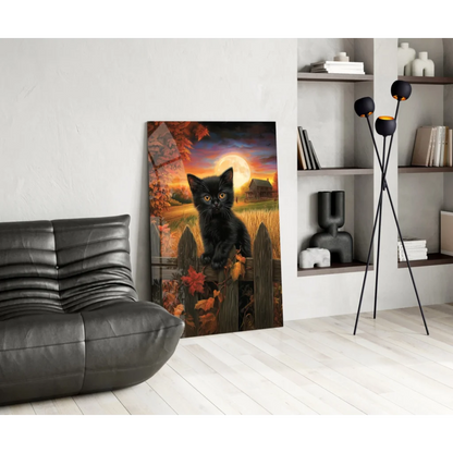 Glossy black cat glass wall art with autumnal orange purple hues