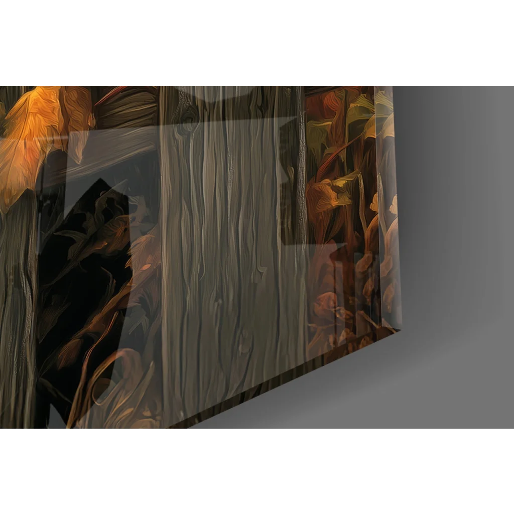Translucent acrylic glass wall art with wood grain and autumn leaves