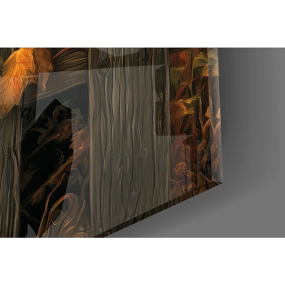 Translucent acrylic glass wall art with wood grain and autumn leaves