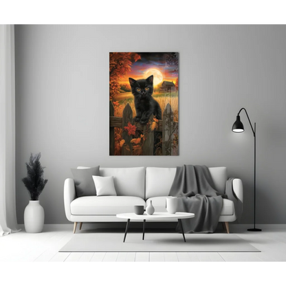 Black kitten with glowing yellow eyes on fence, glass wall art print