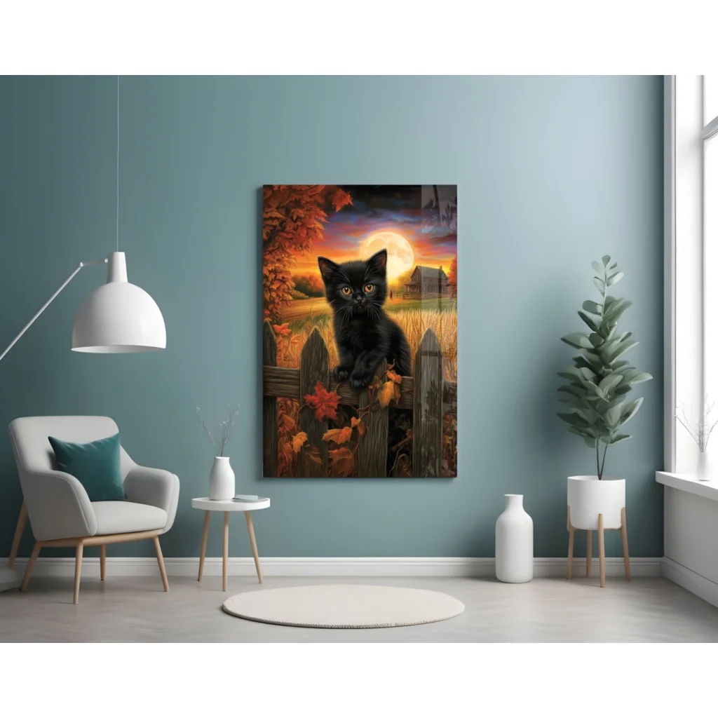 Black kitten on fence in autumn moonlit glass wall art print