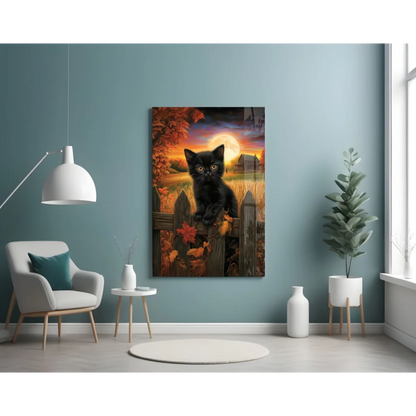 Black kitten on fence in autumn moonlit glass wall art print